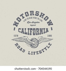 MOTOR SHOW CALIFORNIA.  Hand crafted retro vintage drawn design. Original handmade textured painted lettering type on white background. Authentic handmade art goods, vector illustration.
