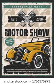 Motor show vector retro poster. Vintage cars and rarity vehicle restoration, race, motorshow and museum exhibition. Old car restoration work service and mechanic garage station