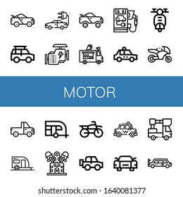motor simple icons set. Contains such icons as Racing car, Off road, Electric car, Engine, Ice cream truck, Taxi, Scooter, Motorcycle, Pickup truck, can be used for web, mobile and logo