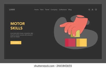 Motor Skills concept. A graphic illustration of a hand fine-tuning coordination by stacking blocks, symbolizing the development of precise movement control. Flat vector illustration