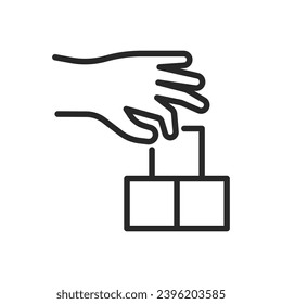 Icono de desarrollo de habilidades motoras. Ilustración delgada de los bloques de ensamblaje manual, que simboliza la coordinación, el aprendizaje y la restauración de las funciones motoras. Signo de vector de contorno aislado.