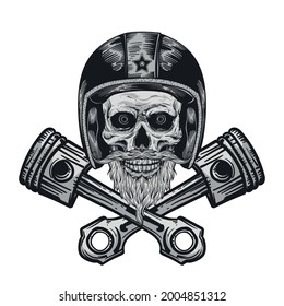 Motor skull emblem, black and white illustration