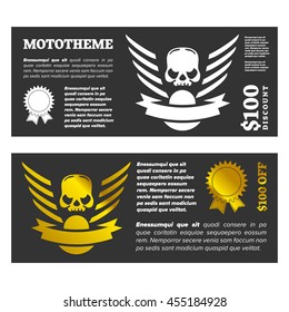 Motor skull shield design banner with discount and award icon
