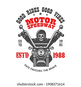 Motor speedway. Emblem template with skeleton on vintage motorcycle. Design element for logo, label, sign, emblem, poster. Vector illustration