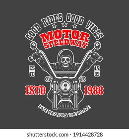 Motor speedway. Emblem template with skeleton on vintage motorcycle. Design element for logo, label, sign, emblem, poster. Vector illustration