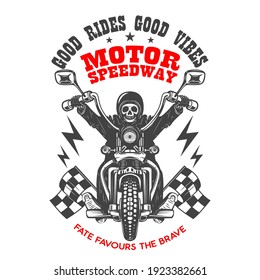 Motor speedway. Emblem template with skeleton on vintage motorcycle. Design element for logo, label, sign, emblem, poster. Vector illustration