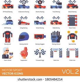 Motor Sports Icons Including Off-road Racing, Endurance, Electric, Truck, Desert, Drift, Drag, Street, Rally, Race Track, Suit, Helmet, Sponsorship, Team Owner, Supporter, Crossed Flags, Start, Finish