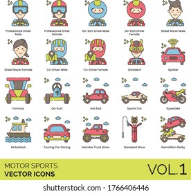 Motor sports icons including professional driver, go-kart, street racer, co-driver, daredevil, spotter, formula, hot rod, superbike, motorboat, touring car racing, monster truck show, demolition derby
