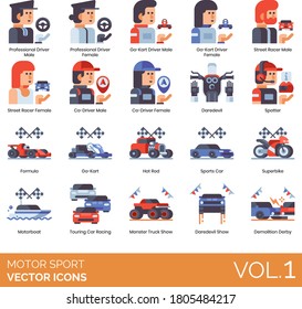 Motor sports icons including professional driver, go-kart, street racer, co-driver, daredevil, spotter, formula, hot rod, superbike, motorboat, touring car racing, monster truck show, demolition derby