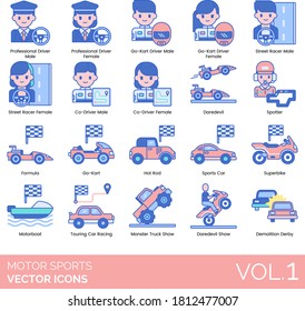 Motor sports icons including professional driver, go-kart, street racer, co-driver, daredevil, spotter, formula, hot rod, superbike, motorboat, touring car racing, monster truck show, demolition derby