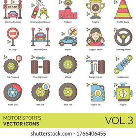 Motor sports icons including starting position, champagne shower, podium, trophy, traffic cone, pit stop, maintenance, repair, support team, steering wheel, tire pressure, alignment, pump air, brake.