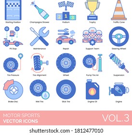 Motor sports icons including starting position, podium, trophy, traffic cone, pit stop, maintenance, repair, support team, steering wheel, tire pressure, suspension, brake disc, wet, slick, engine oil