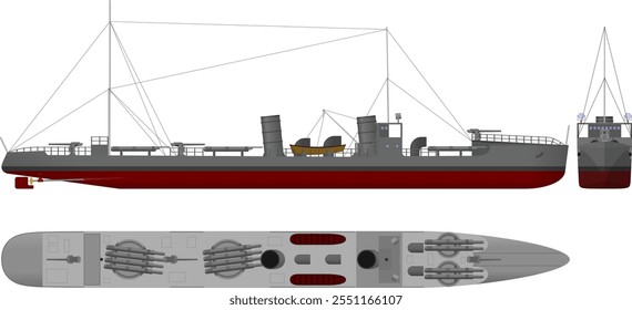 Barco de torpedos de motor. Perfil lateral, superior y frontal de un torpedero de la era de la Segunda Guerra Mundial. Ilustración vectorial aislada.