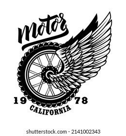Motor. Tshirt print template with winged wheel. Vector illustration