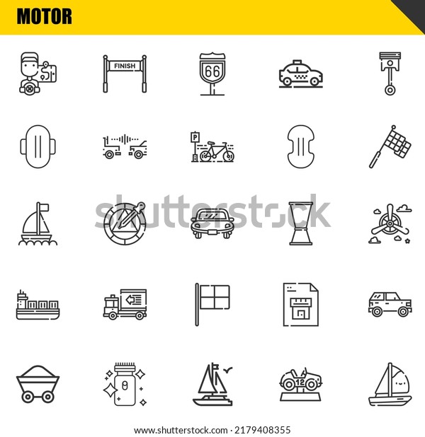 motor vector line icons set. driver,\
wagon and boat Icons. Thin line design. Modern outline graphic\
elements, simple stroke symbols stock\
illustration