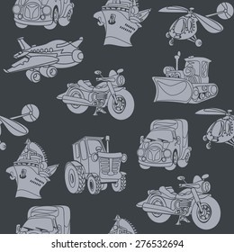 motor vehicle, car plane ship helicopter seamless pattern white on a black background