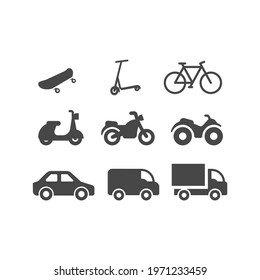 Motor vehicle, car and truck vector icon set. Motorcycle, bicycle, atv and scooter black icons.