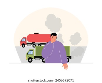 Motor vehicle fumes that disrupt local community activities, pollution vector illustration.