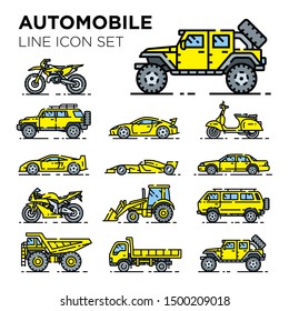 Motor vehicle line icon set. Automotive vector collection. Automobile transport symbols. Auto transportation illustrations.