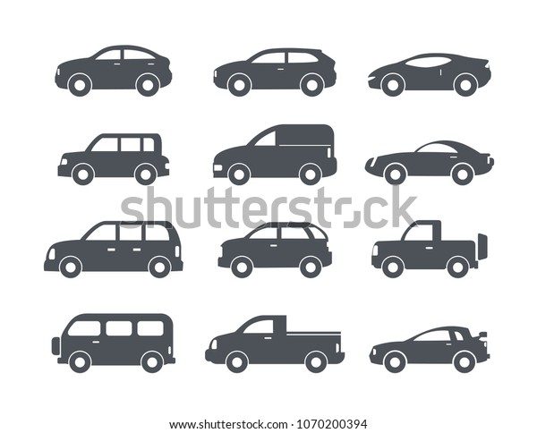 Motor vehicle, pickup truck, pick-up,\
traffic. Set of black car icons - Illustration stock\
