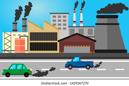 motor vehicle pollution and factories make global warming, vector illustration