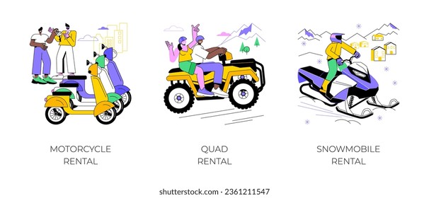 Motor vehicle rental isolated cartoon vector illustrations set. Salesman gives a keys to the rented motorcycle, people renting quad on vacation, snowmobile ride, tourism business vector cartoon.