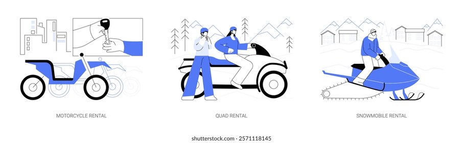 Motor vehicle rental isolated cartoon vector illustrations set. Salesman gives a keys to the rented motorcycle, people renting quad on vacation, snowmobile ride, tourism business vector cartoon.