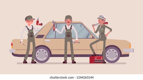 Motor Vehicle Service Or Car Tune-up Station. Young Workers In Uniform With Professional Equipment, Automobile Maintenance Procedures And Diagnostic Business. Vector Flat Style Cartoon Illustration