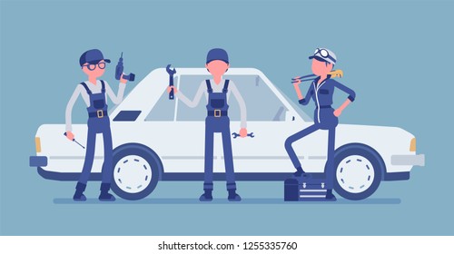 Motor vehicle service or car tune-up station. Young workers in uniform with professional equipment, automobile maintenance procedures and diagnostic business. Vector illustration, faceless characters