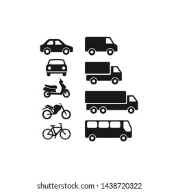 Motor vehicles, automobile, bus, truck flat vector pictogram icon set. Motorcycle, van, scooter black glyph set of icons.