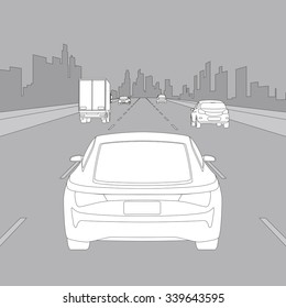motor vehicles driving on urban highway, line drawing illustration