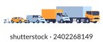Motor vehicles from mopeds to cargo trucks. Different cars. Hatchback sedan or scooter. Freight lorry with container or trailer. City road transportation. Automobile