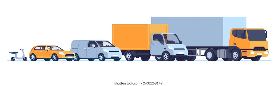 Motor vehicles from mopeds to cargo trucks. Different cars. Hatchback sedan or scooter. Freight lorry with container or trailer. City road transportation. Automobile