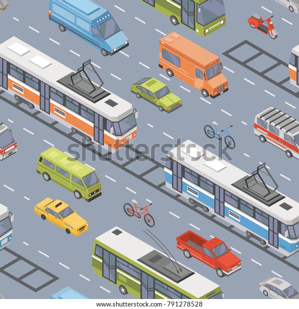 Motor\
vehicles of various types driving on road - car, scooter, bus,\
tram, trolleybus, minivan, pickup truck. Automobile transport on\
city street. Colorful isometric seamless\
pattern.