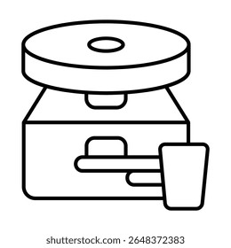 Motor com roda e botão de pé ícone de linha fina, cerâmica fazendo conceito. Gráficos vetoriais. Bancada para o sinal de escultura de argila no fundo branco, móvel estilo ou design