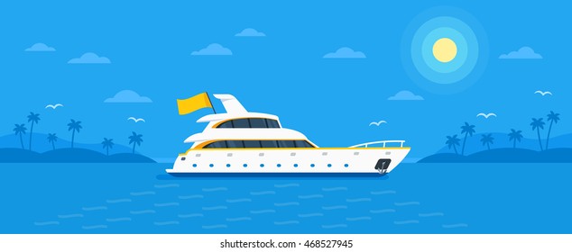 Motor yacht boat in trendy flat design style vector illustration. Seaway ocean transport passenger ship on monochrome blue tropic background with palm trees, clouds, seagulls, sun.