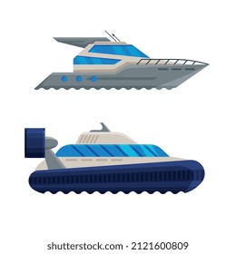 Motor Yacht with Engine as Watercraft or Swimming Water Vessel Vector Set