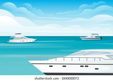 Motor yacht floating on the blue sea or ocean landscape summer day with cloud flat vector illustration