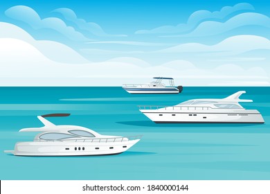 Motor yacht floating on the blue sea or ocean landscape summer day with cloud flat vector illustration