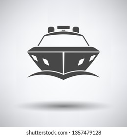 Motor yacht icon front view on gray background, round shadow. Vector illustration.