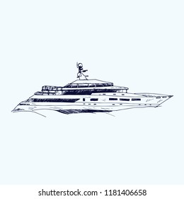 Motor yacht type, hand drawn doodle, sketch, black and white vector illustration