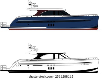 Motoryacht Vektor Linie Kunst Illustration eines T-Shirts oder druckbar auf andere verschiedene Materialien, Kunst, Illustration, eine Farbe, Grafik ist lizenzfrei zum Download verfügbar