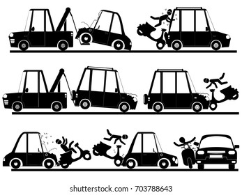motorbike accident with car in silhouette set. Flat vector concept.