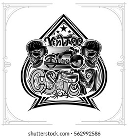 Motorbike between two skulls and lettering custom inside ace of spades form. Vintage motorcycle design playing card or t t-shirt element black on white