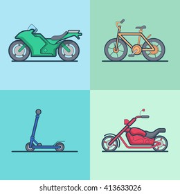 Motorbike bicycle kick board scooter chopper transport set. Linear stroke outline flat style vector icons. Color outlined icon collection.