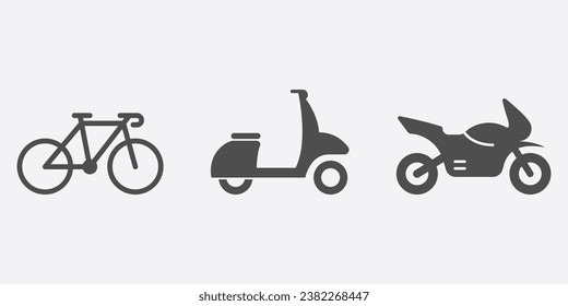 Motorbike, Bike, Moped, Scooter Silhouette Icon Set. Delivery Service Transport Glyph Pictogram. Road Traffic Solid Sign. Motor Transportation Symbol Collection. Isolated Vector Illustration.