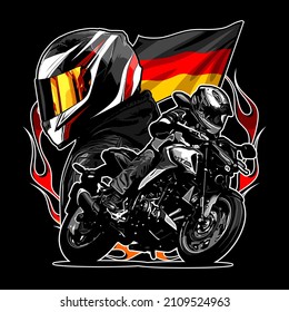 motorbike with biker background and german flag, t-shirt design, biker, knucklehead, shovelhead, flathead, naked bike, dragrace, supermoto, Motorradfahrer, 
motorrijder, motard, vector templates