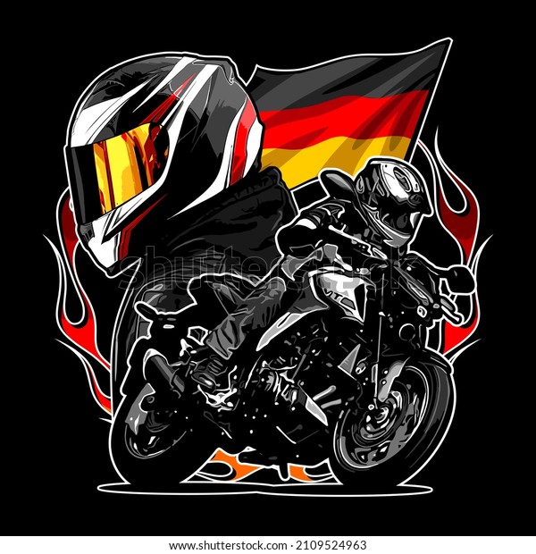 motorbike with biker background and german\
flag, t-shirt design, biker, knucklehead, shovelhead, flathead,\
naked bike, dragrace, supermoto, Motorradfahrer, \
motorrijder,\
motard, vector\
templates