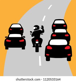 Motorbike car. City traffic. Share the road street sign. Motorcyclist bike driver. Black motorcycle shape, auto. Vector illustration. Concept design for poster, banner