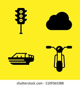 motorbike, cloud computing, traffic light and speedboat vector icon set. Sample icons set for web and graphic design